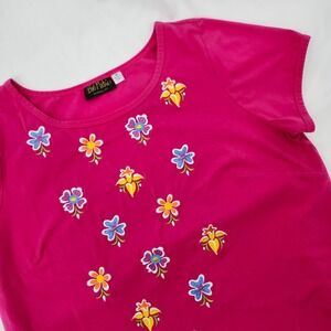 Bob Mackie Pink Embroidered Floral T-Shirt Dress Womens XL Colorful Artsy Bright